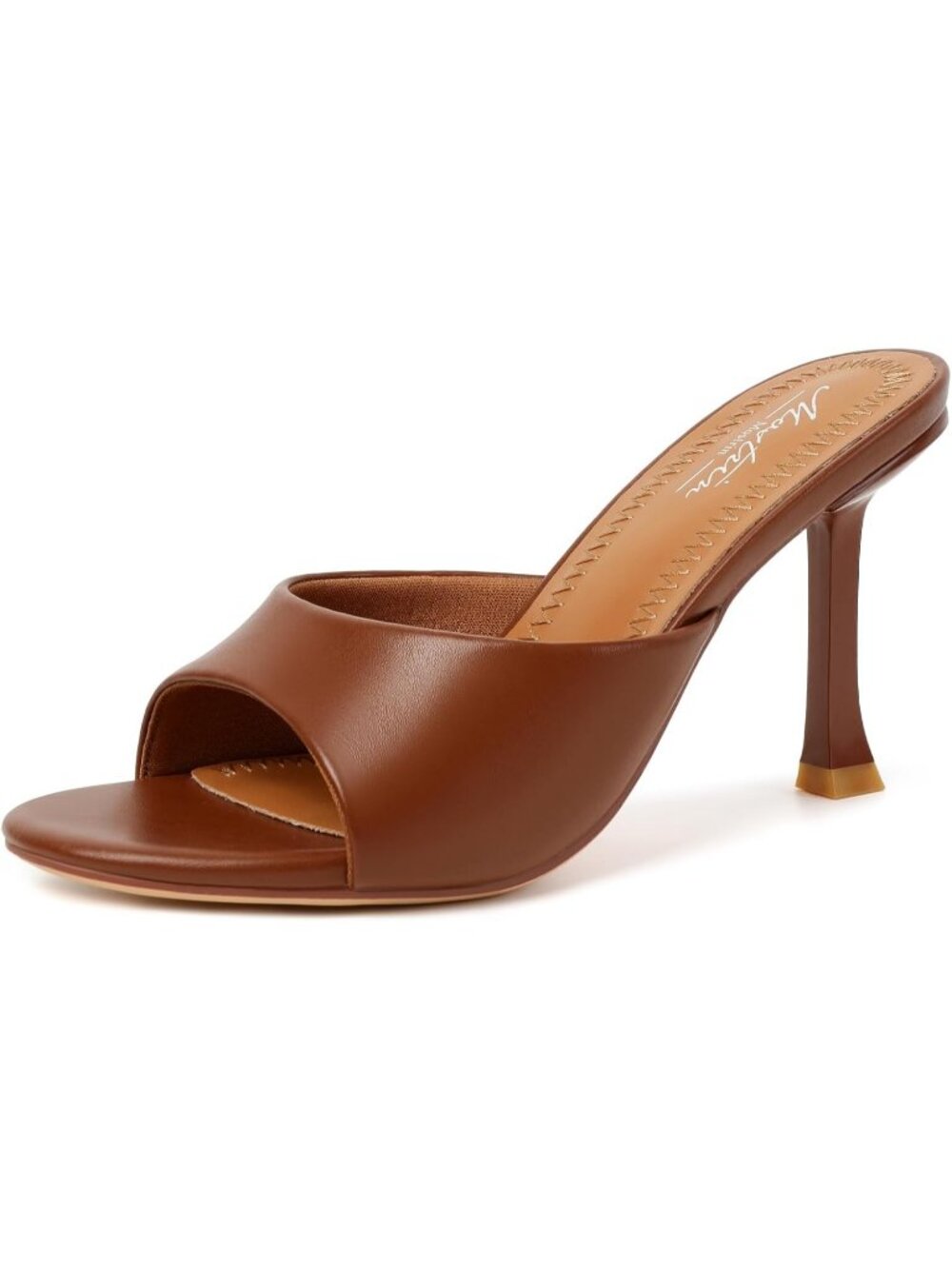Women's Round Toe Heels With Bow Mules Brown Slip on Stiletto Backless Sandal